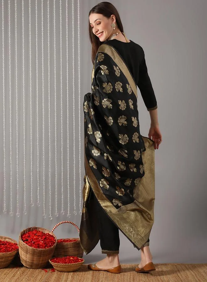 globus Women Black Round Neck Yoke  Kurta with Pant and Dupatta Set